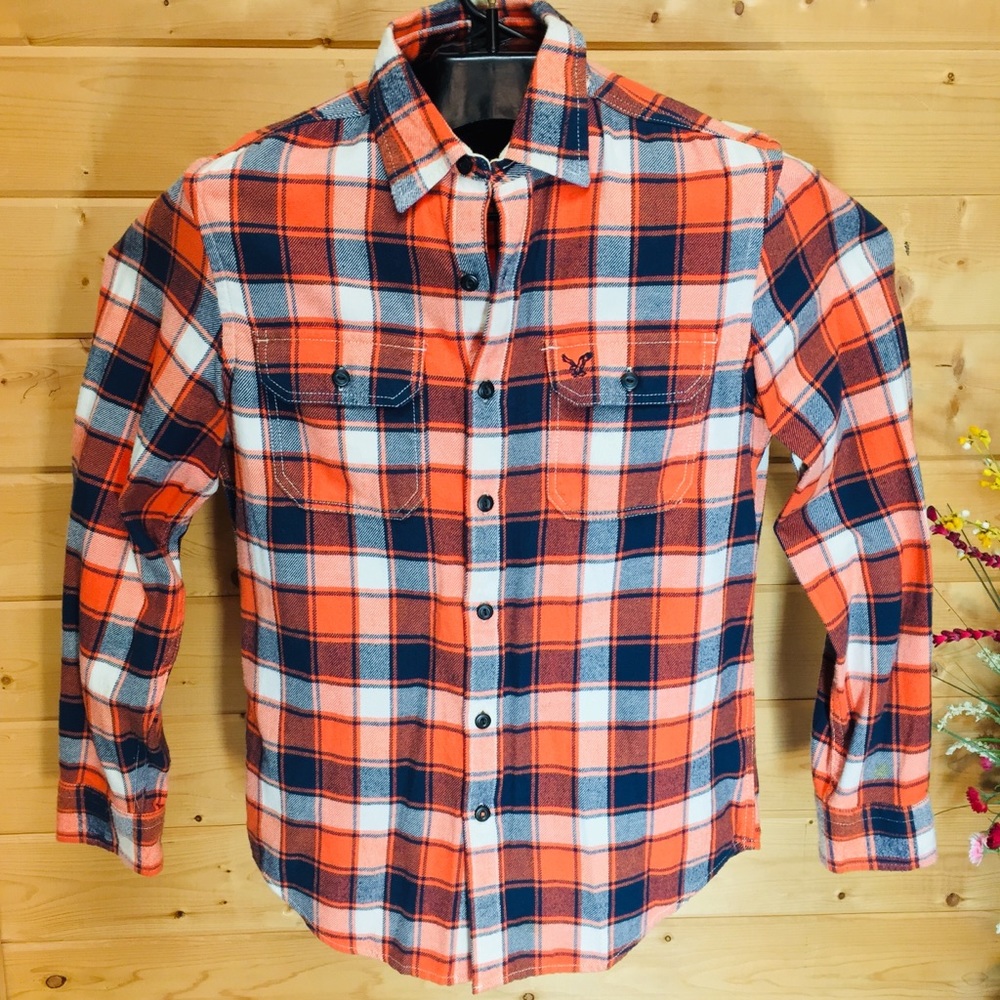 American Eagle Orange Blue Plaid 🦅 Shirt Sz Small